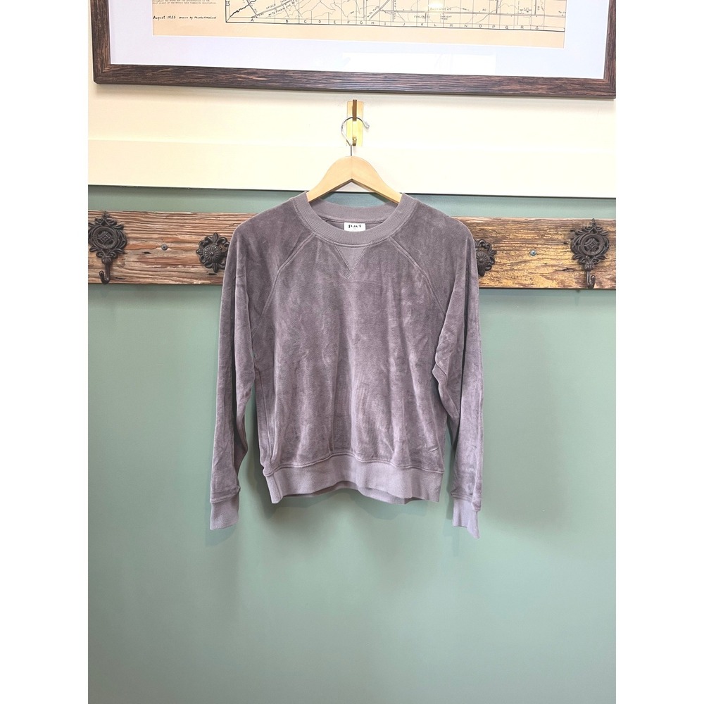 Pact Womens Organic Cotton Velour Sweatshirt Charcoal Gray Raglan Pullover Small
